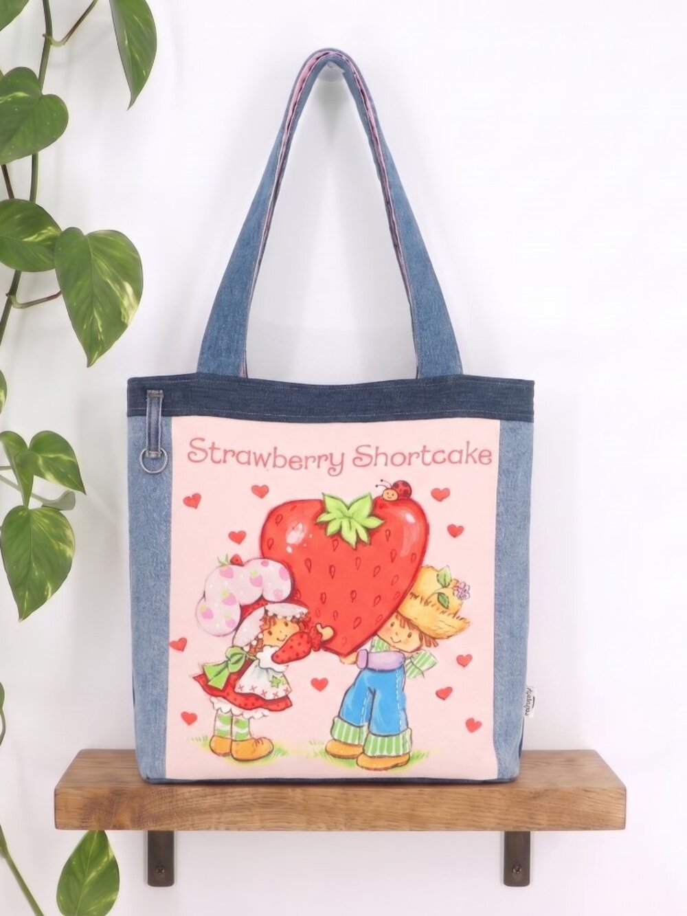 Strawberry Shortcake Handmade Denim Tote Bag Upcycled Pink Gingham